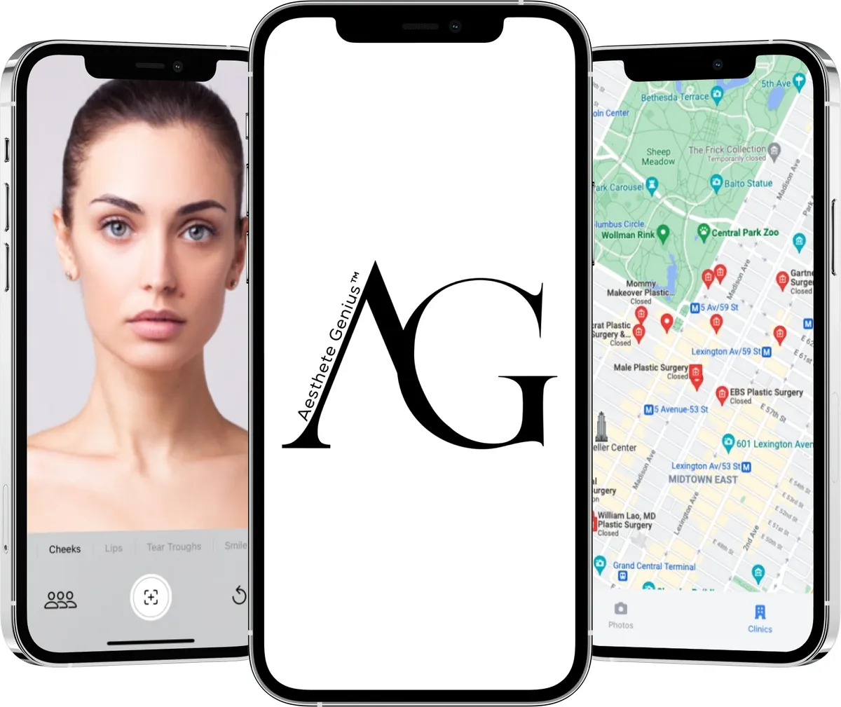 Aesthete Genius app showing an aesthetic treatment preview on a patient’s photo